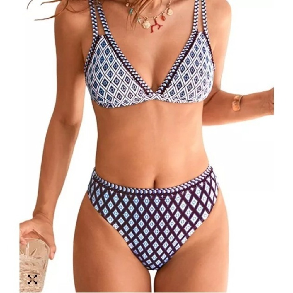 CUPSHE Womens Geometric Diamond High Waisted Bikini Set Burgundy Blue XL NEW